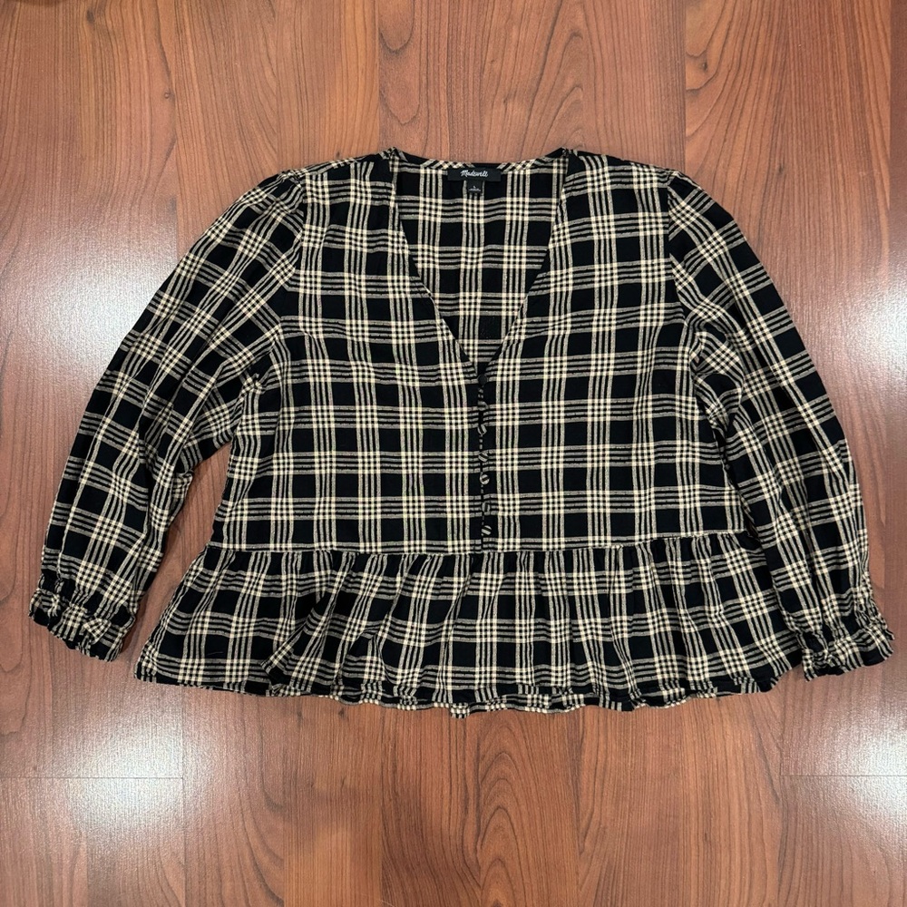 Madewell Plaid Peplum Long Sleeve Top size Large
